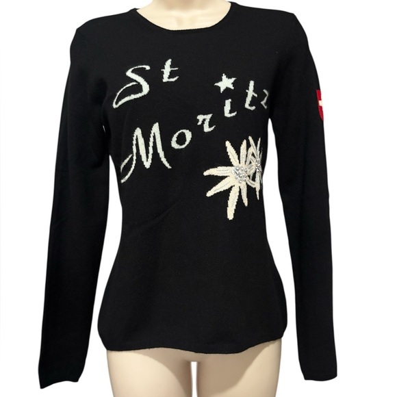 Saks Fifth Ave St. Maritz Cashmere Sweater Sz S Sequin Beaded Ski Resort - Picture 1 of 6